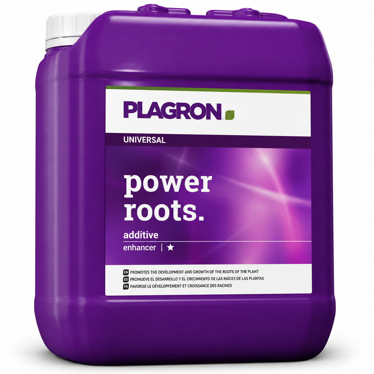Plagron Power Roots 5 litre purple jerrycan on a white background.